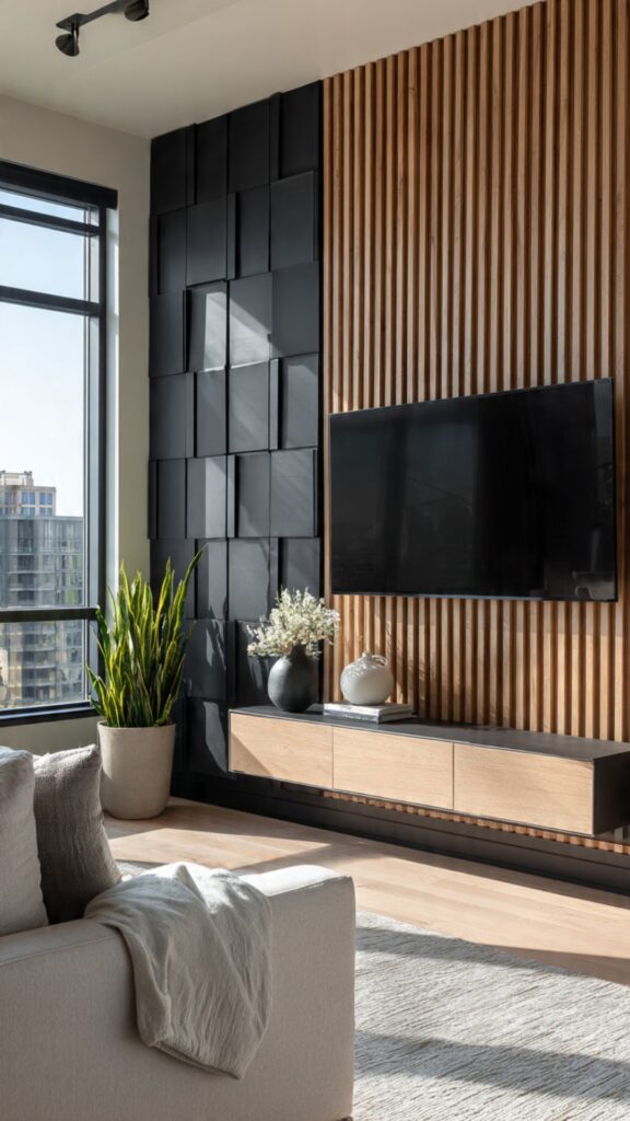 Accent Wall Behind the TV with Textured Panels