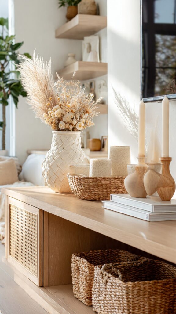 Add Texture with Woven Baskets and Wooden Accents