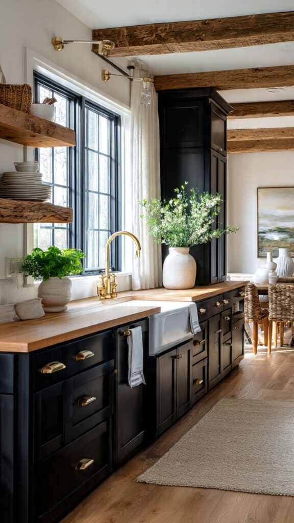 Black Cabinets in Farmhouse and Rustic Kitchen Designs