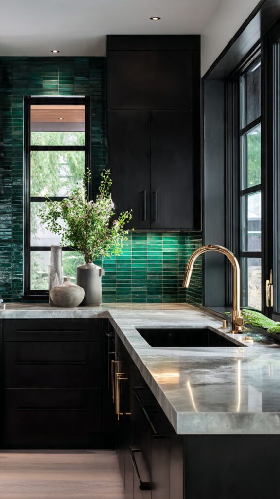 Black Cabinets with Colored Backsplashes