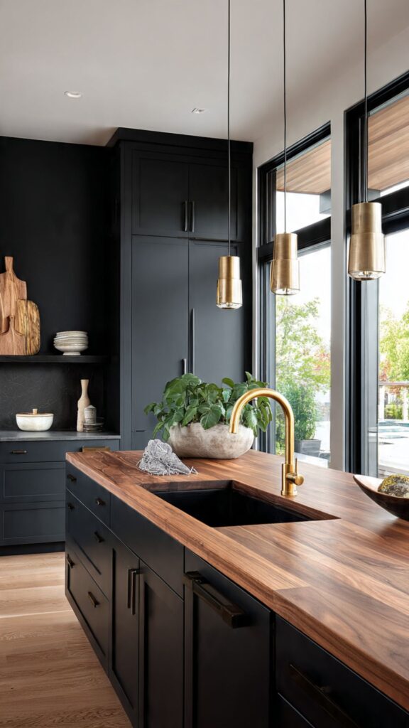 Black Kitchen Cabinets with Butcher Block Countertops