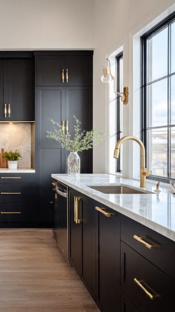 Black Kitchen Cabinets with Gold Hardware