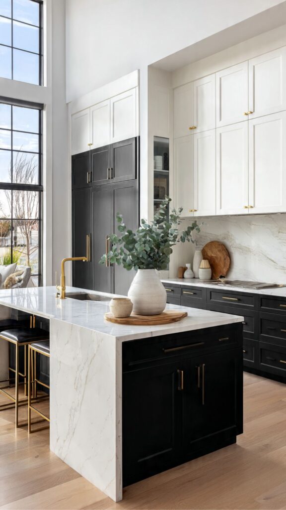 Black Kitchen Island with White Perimeter Cabinets