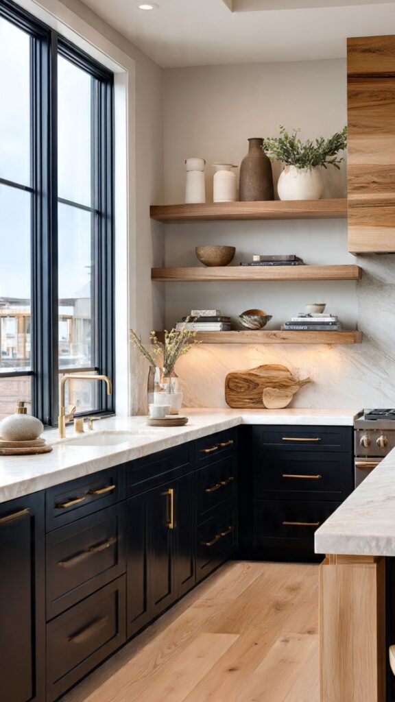 Black Lower Cabinets with Open Upper Shelving