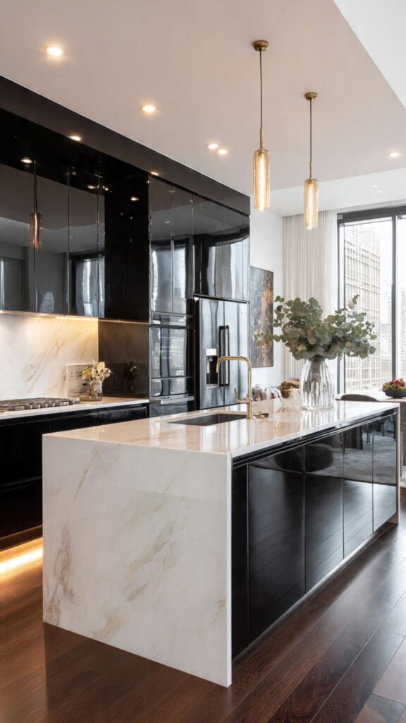 Glossy Black Cabinets for a High-Drama