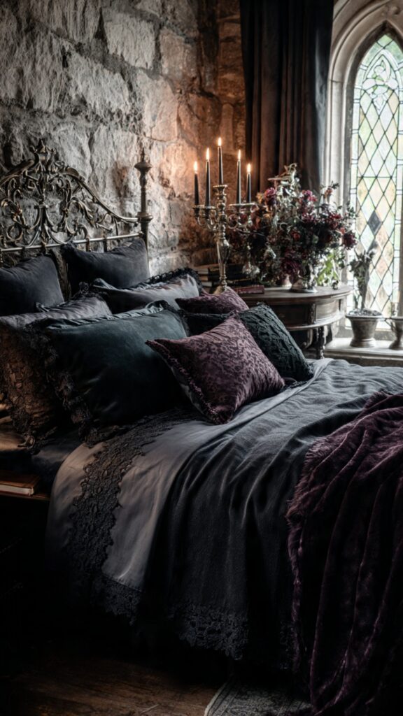 Gothic Bedroom Bedding and Textile Layering