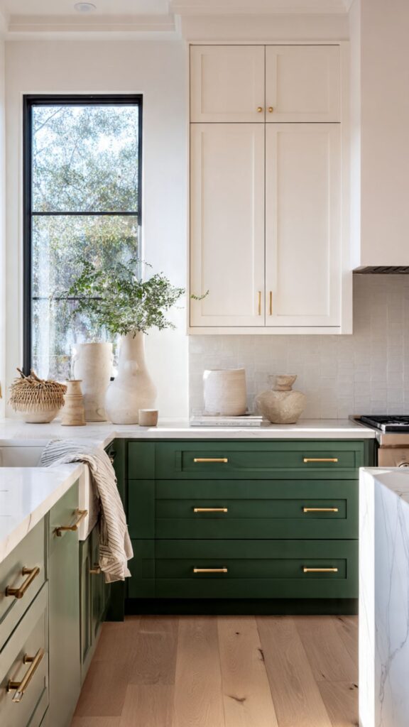 Two Tone Kitchen Cabinets with Bold Hardware