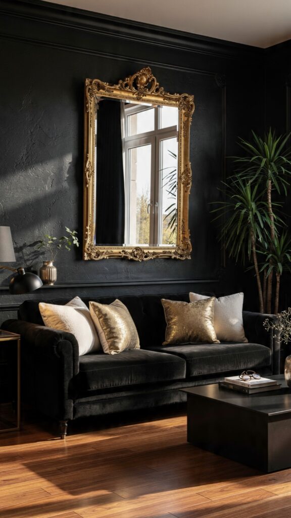 Use Mirrors to Brighten a Black Living Room decor