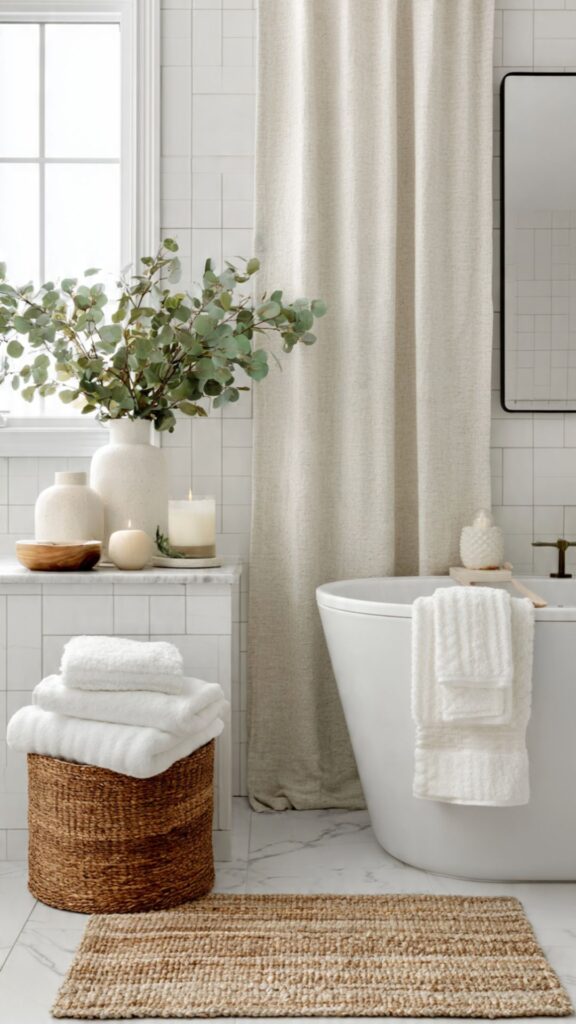 Accessorise Your White Bathroom with Curated Textiles and Details