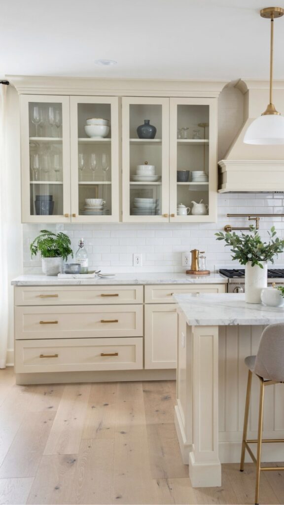 Add Glass-Front Cabinet Doors to Cream Kitchen Cabinets