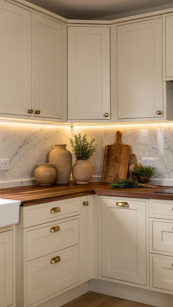 Add Warmth with Cream Cabinets and Butcher Block Countertops
