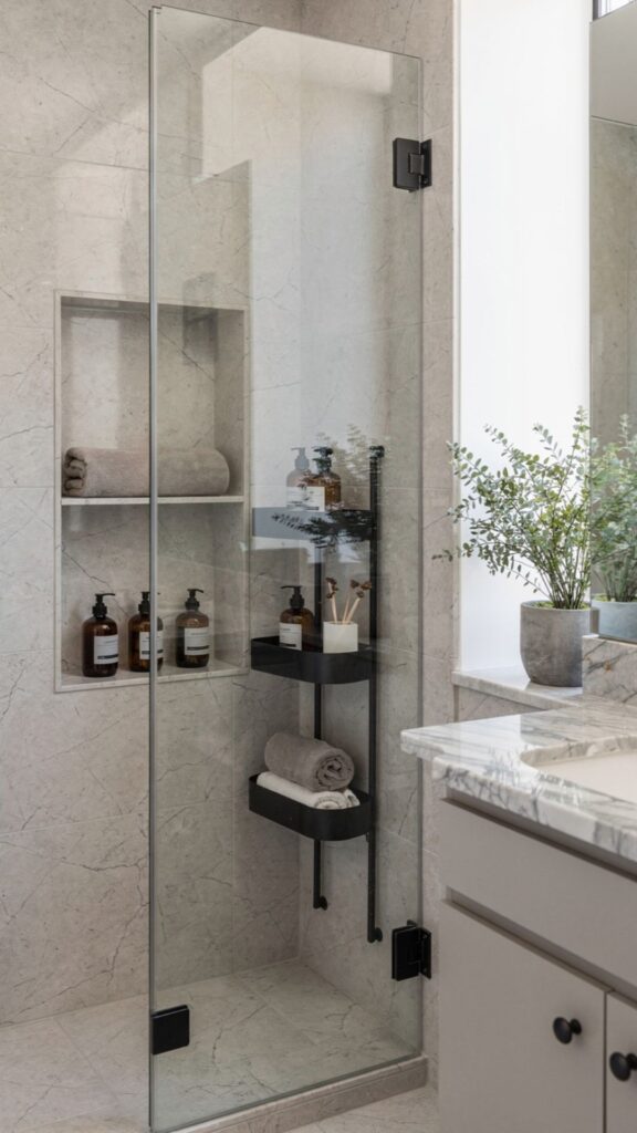 Add a Corner Shower Caddy or Built-In Niche