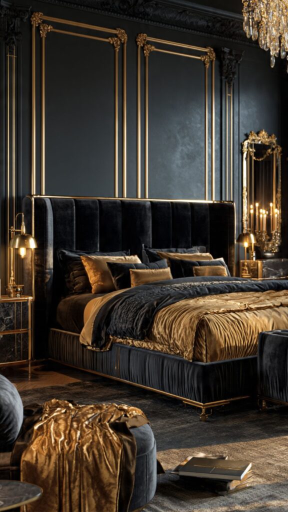 Black Accent Wall with Gold Trim Details
