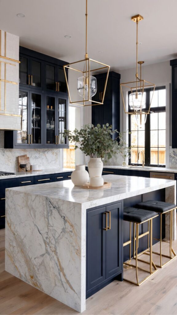 Blue Cabinets with Gold Hardware