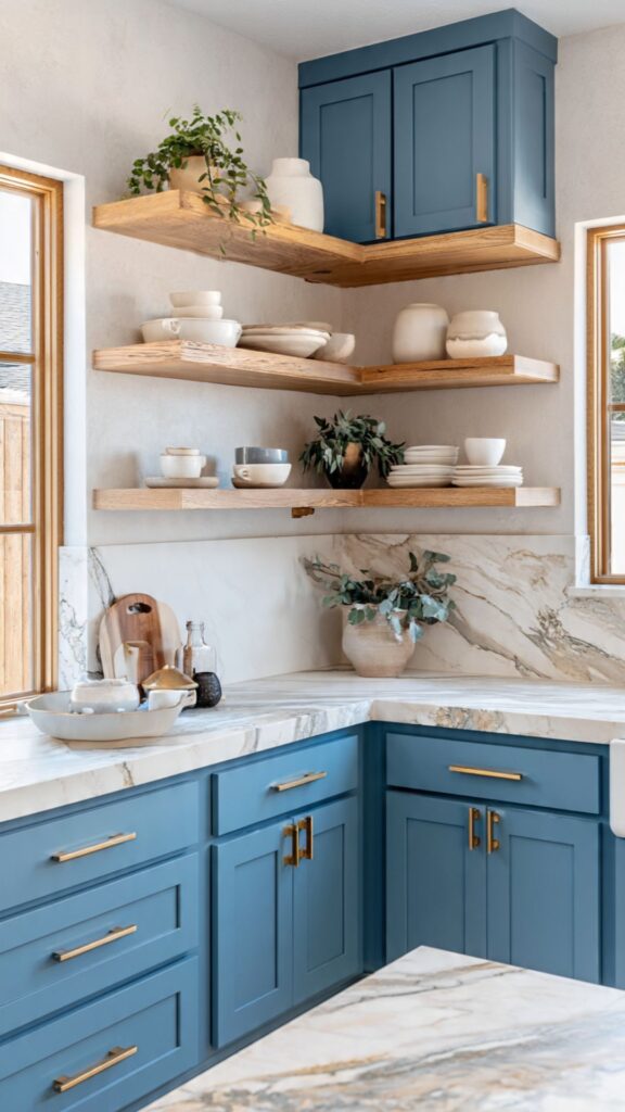 Blue Cabinets with Open Shelving