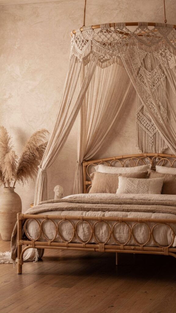 Boho Macramé and Rattan Canopy Bed