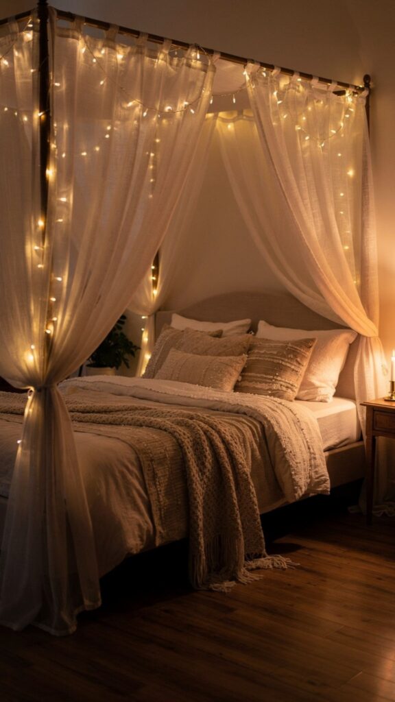 Canopy Bed with String Lights