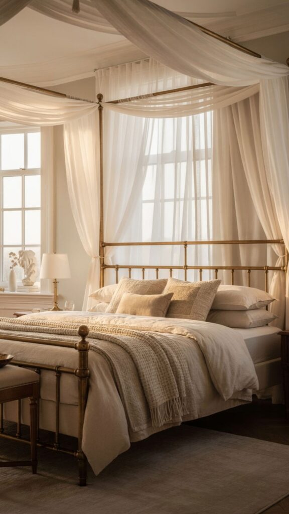Classic Four-Poster Canopy Bed with Draped Fabric