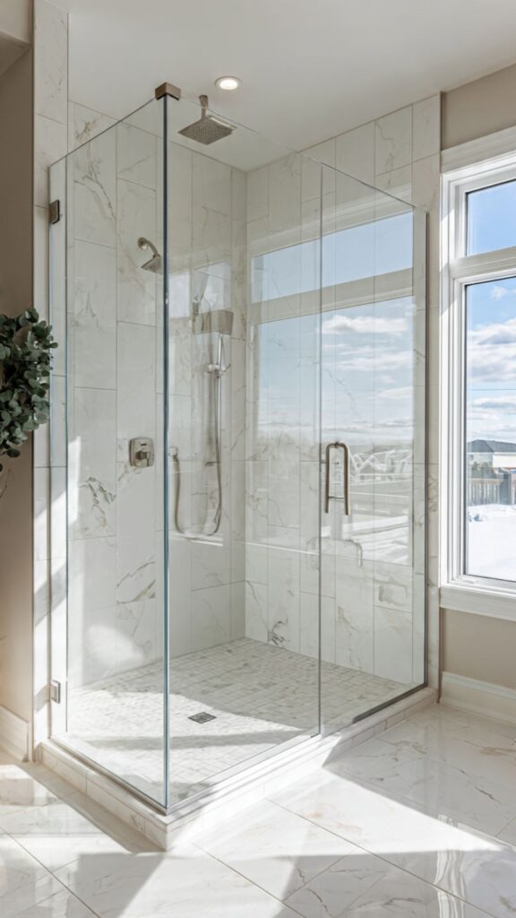Design a Walk-In White Shower with Frameless Glass