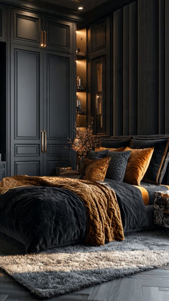 Gold Hardware on Matte Black Built-In Cabinetry