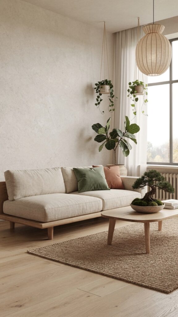 Indoor Plants and Biophilic Elements in a Japandi Living Room