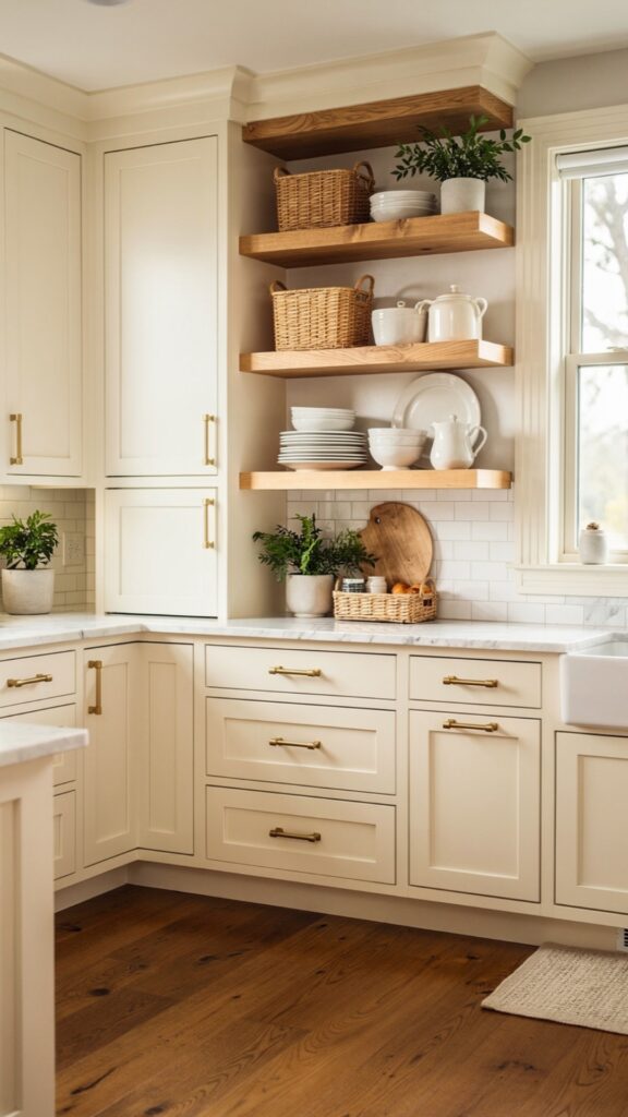 Install Cream Cabinets with Open Shelving for a Modern Farmhouse Feel: