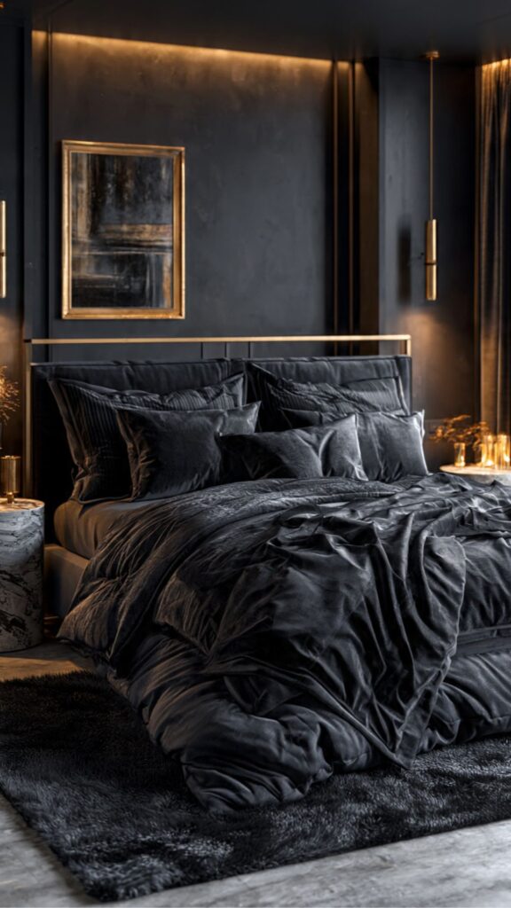 Layered Black Textiles and Gold Accents