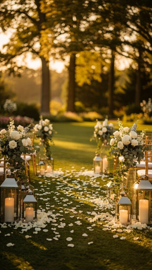 Line the Aisle with Lanterns, Petals, or Floral Arrangements