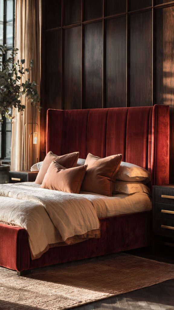 Oxblood & Dark Wood Bedroom