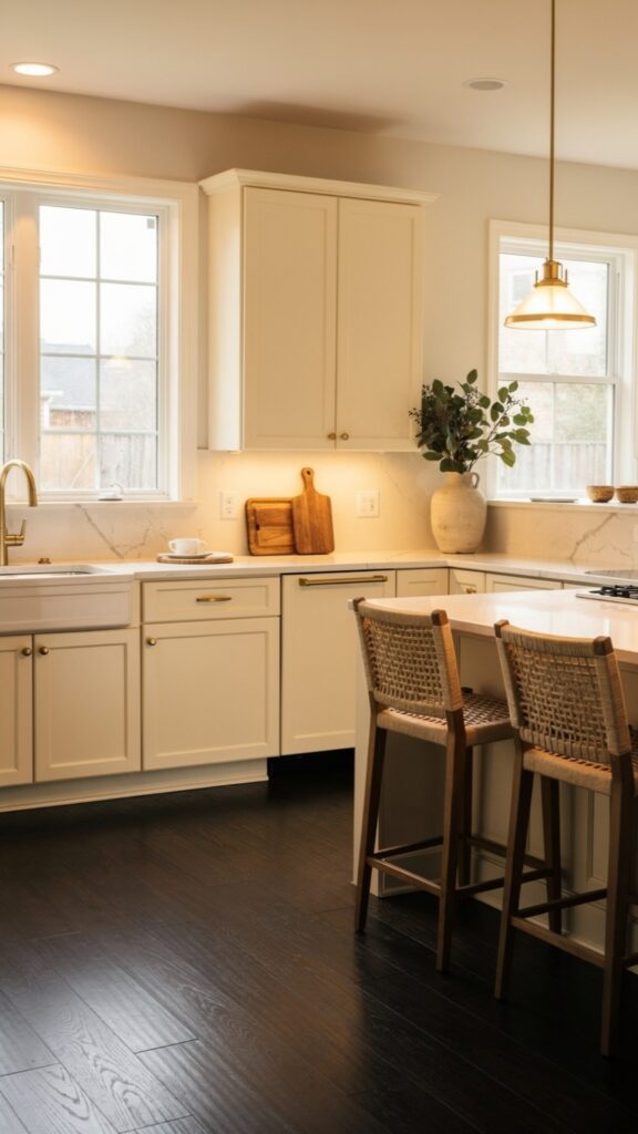 Pair Cream Cabinets with Dark Hardwood Floors for Rich Contrast