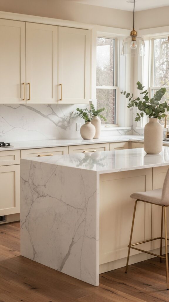 Pair Cream Cabinets with Marble or Quartz Countertops for Elegance