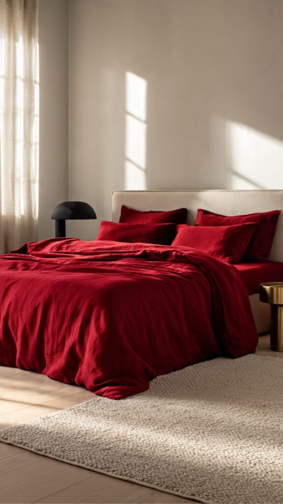 Red Bedding Pop on Neutral Walls