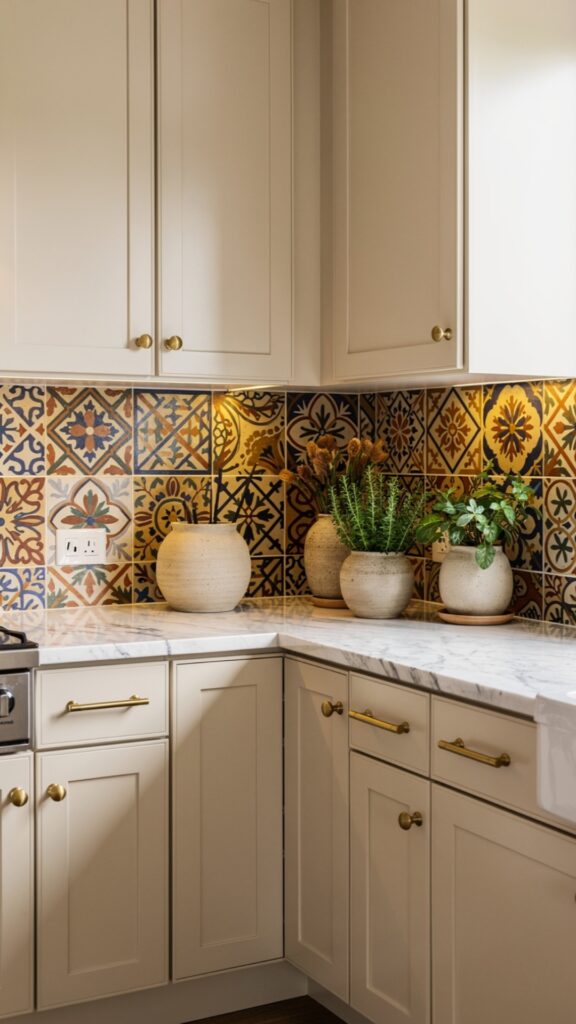 Style Cream Cabinets with Patterned or Colorful Tile Backsplash
