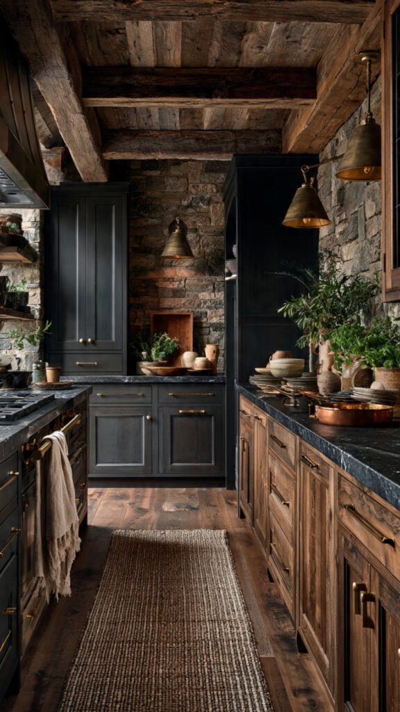 Style the Dark Rustic Kitchen With Textiles and Finishing Details