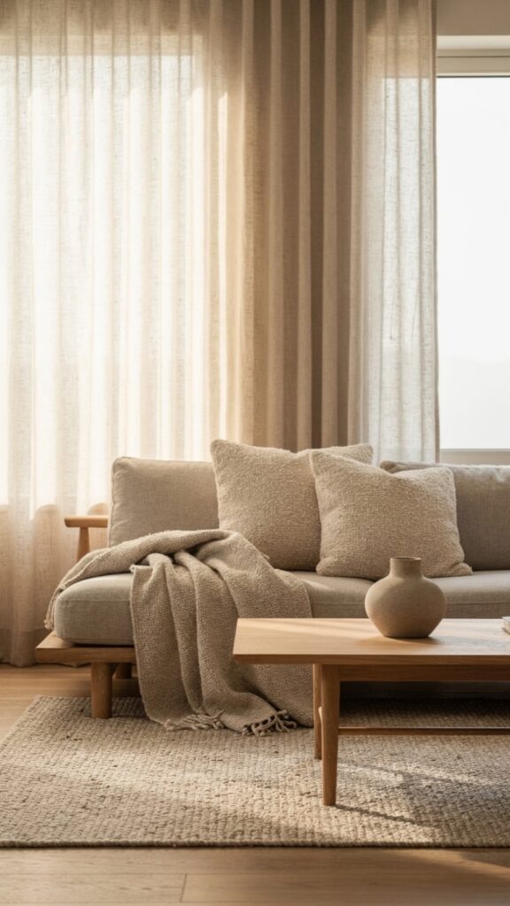 Textiles and Soft Furnishings in a Japandi Living Room
