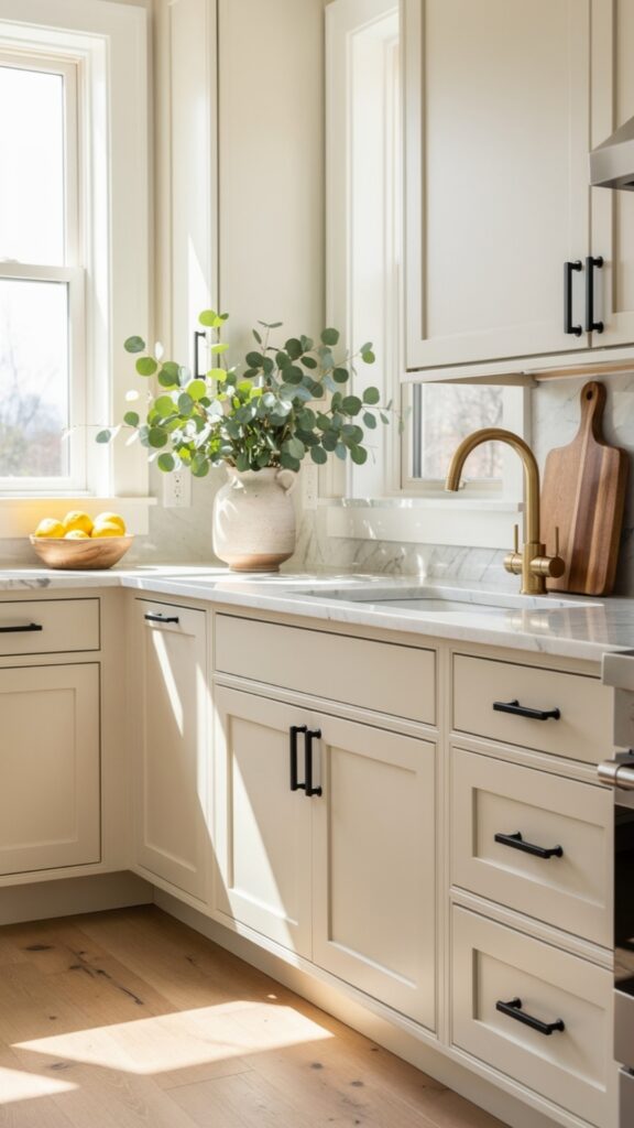 Use Cream Cabinets with Black Hardware for a Bold Contrast