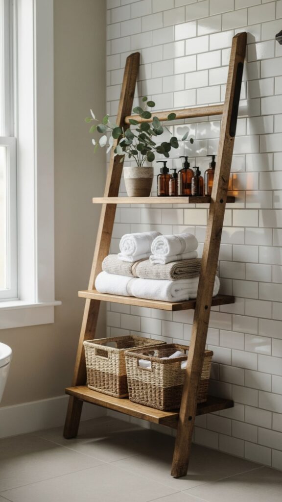 Use a Ladder Shelf for Towels and Toiletries