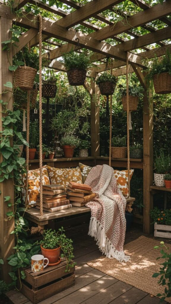 A Rustic Wooden Pergola Nook With Climbing Plants