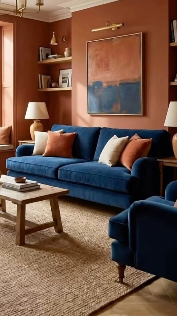 Combine a Blue Sofa with Earthy Terracotta Tones