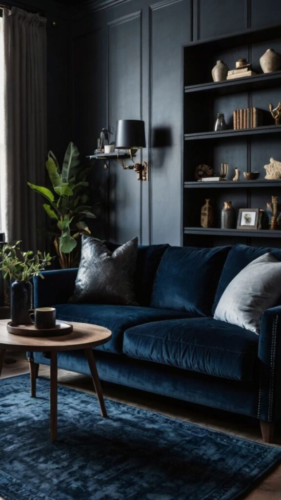 Create Drama with a Blue Sofa Against Dark Moody Walls