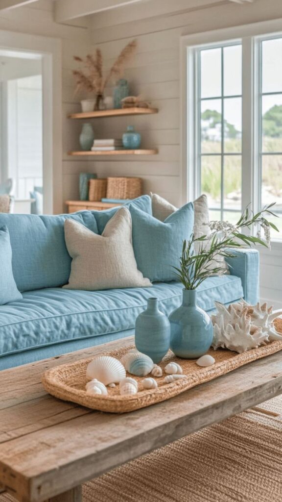 Create a Coastal Vibe with a Sky Blue Sofa and Natural Materials