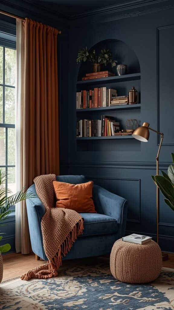 Create a Serene Reading Nook with a Blue Sofa and Built-In Shelving
