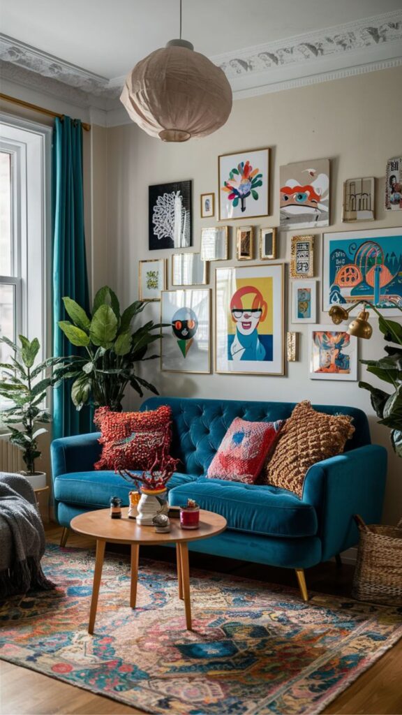 Introduce Pattern with Blue Sofas in Eclectic or Maximalist Rooms