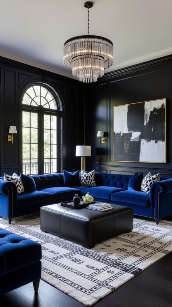 Mix Blue Sofas with Black and White
