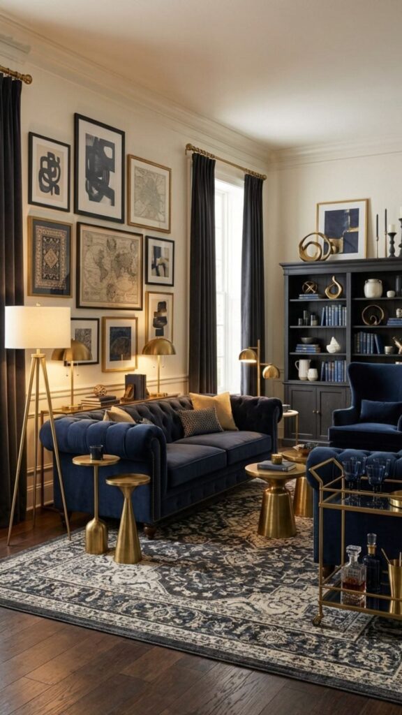 Pair a Navy Blue Sofa with Warm Brass Accents