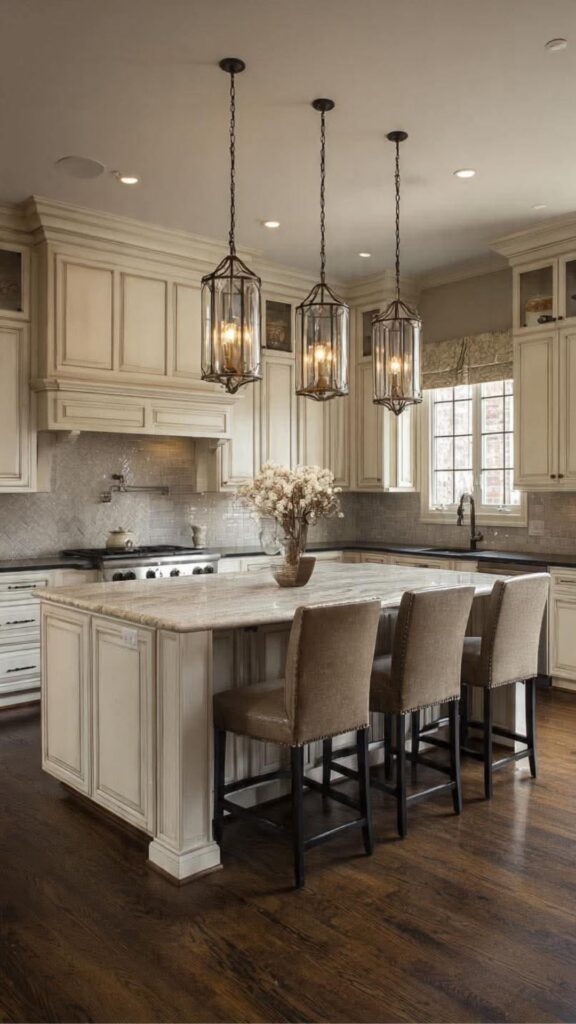 Statement Islands with Designer Pendant Lighting and Seating
