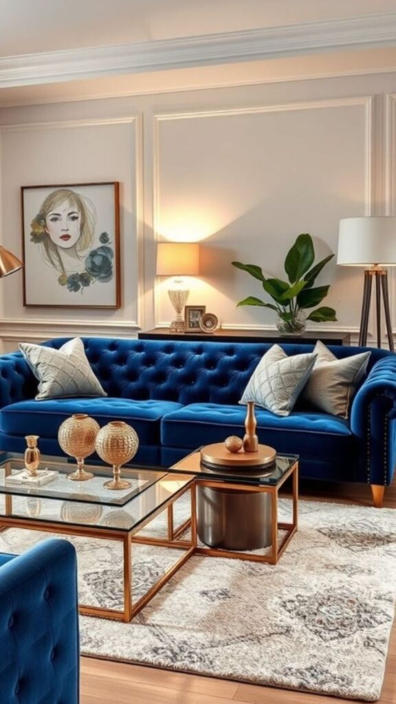 Style a Blue Velvet Sofa, Blue Sofa Living Room Ideas