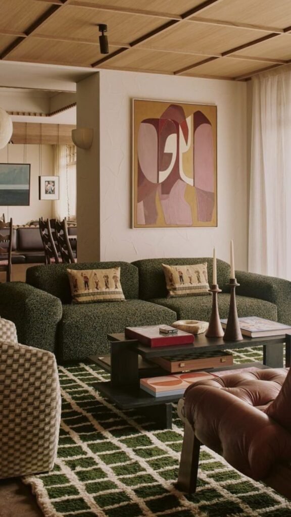 Mix Patterns and Textures Around a Solid Green Sofa